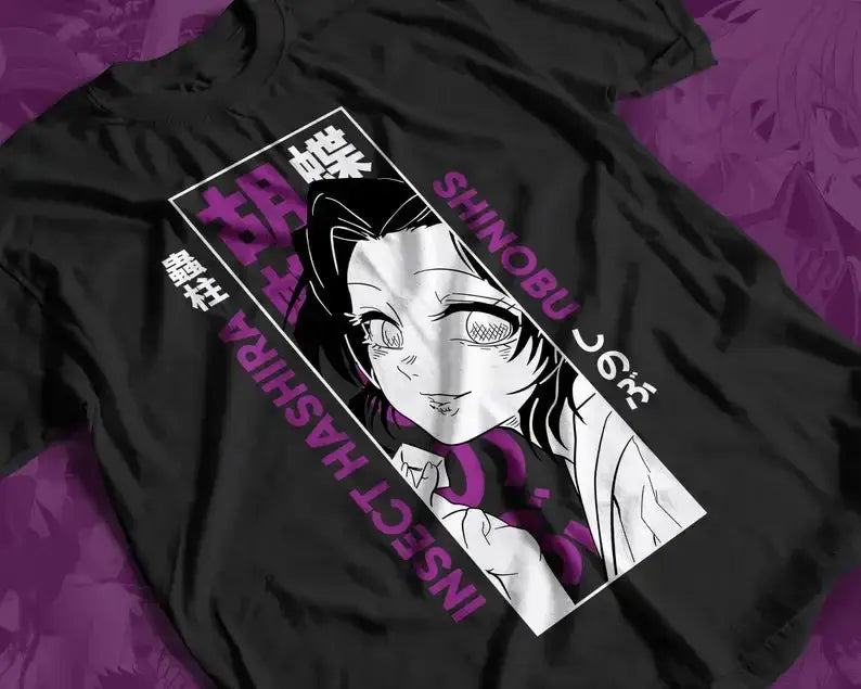 A Demon Slayer Hashira Shinobu T-shirt, a graphic anime tee for manga lovers.