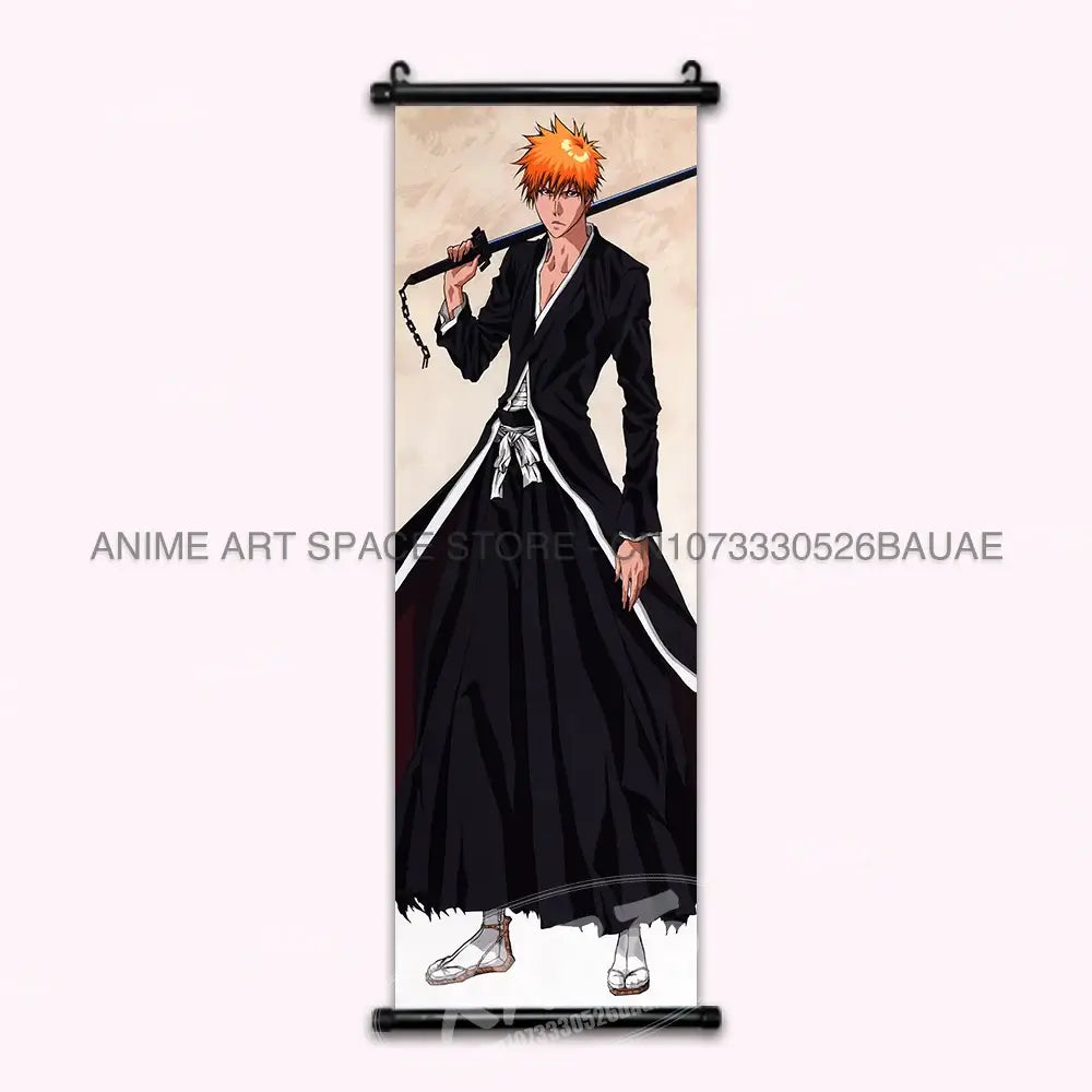 High-quality Bleach Anime Posters Japanese hanging scroll featuring Kurosaki Ichigo and Kuchiki Rukia printed on durable canvas for home decor.