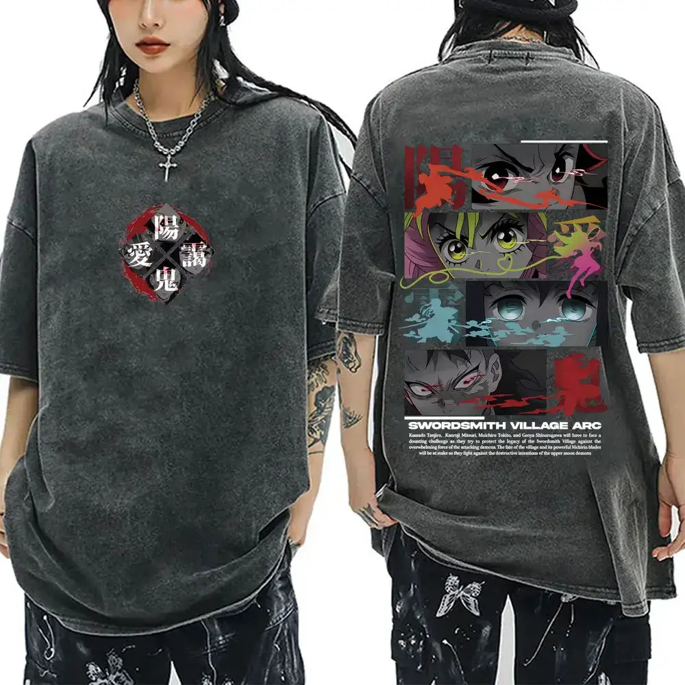 A washed black Demon Slayer Vintage T-Shirt made of 100% cotton, featuring an oversized cartoon anime graphic for men and women.