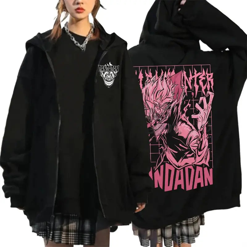 An oversized Anime Dandadan Ken Takakura Hoodie with a graphic print of Okarun, designed as a Harajuku male zipper jacket for men and women.