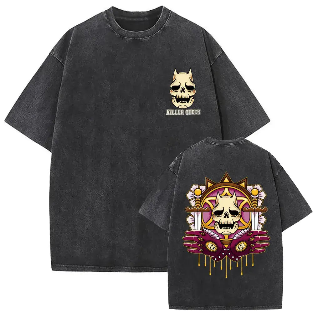 A washed Jojo Bizarre Adventure Vintage T-shirt featuring high-quality manga prints of Jotaro Kujo, Dio, and Giorno for men and women.