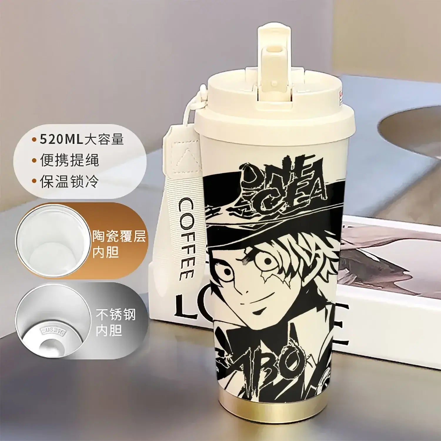 A 520ml One Piece Thermos Cup featuring anime figures Luffy and Zoro, designed as a large capacity coffee travel mug with a straw for outdoor sports.
