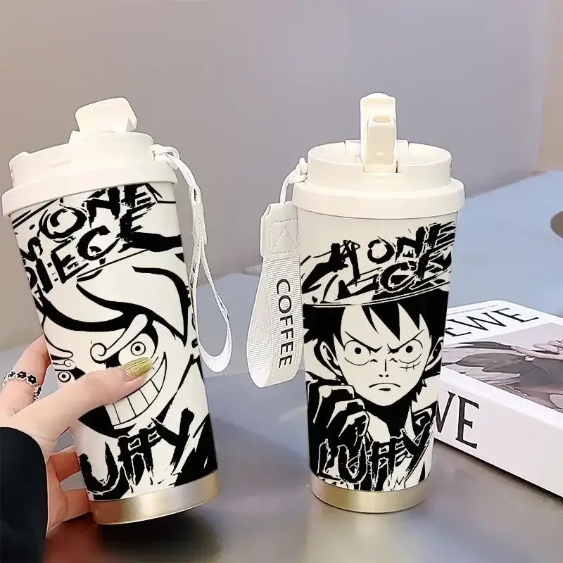 A 520ml One Piece Thermos Cup featuring anime figures Luffy and Zoro, designed as a large capacity coffee travel mug with a straw for outdoor sports.