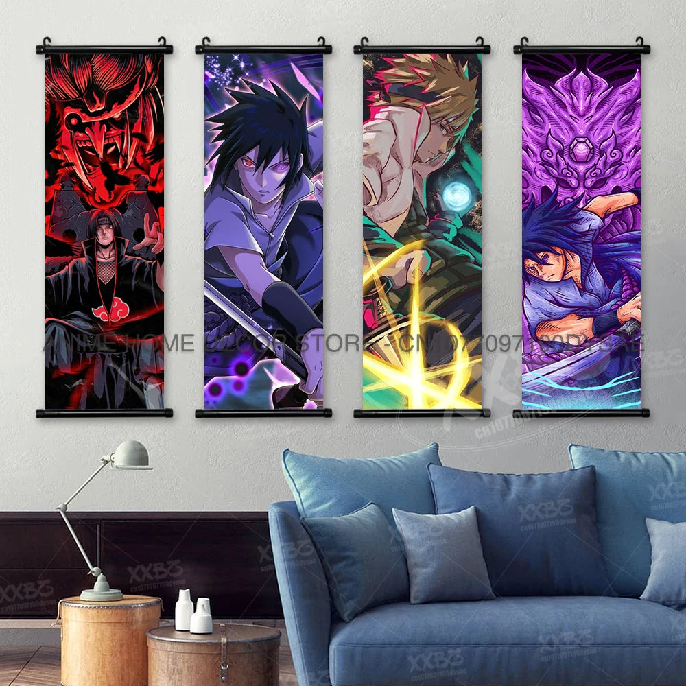High-quality Uzumaki Naruto Posters wall art scroll featuring Sasuke Uchiha, Madara, and Might Guy for anime home decor.