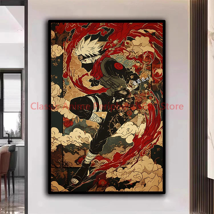 A traditional Ukiyo-e style Naruto Poster canvas painting featuring Akatsuki members Itachi and Sasuke for aesthetic home decor.