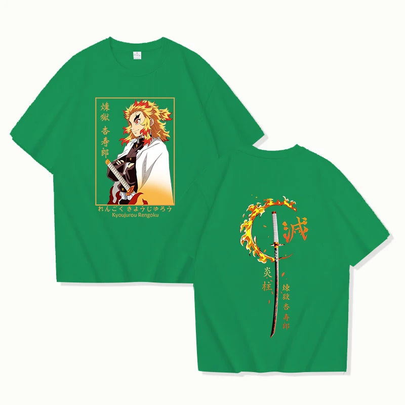 A hot new Rengoku Kyoujurou Printed Tee Shirt, a casual round neck summer unisex top for Demon Slayer fans.