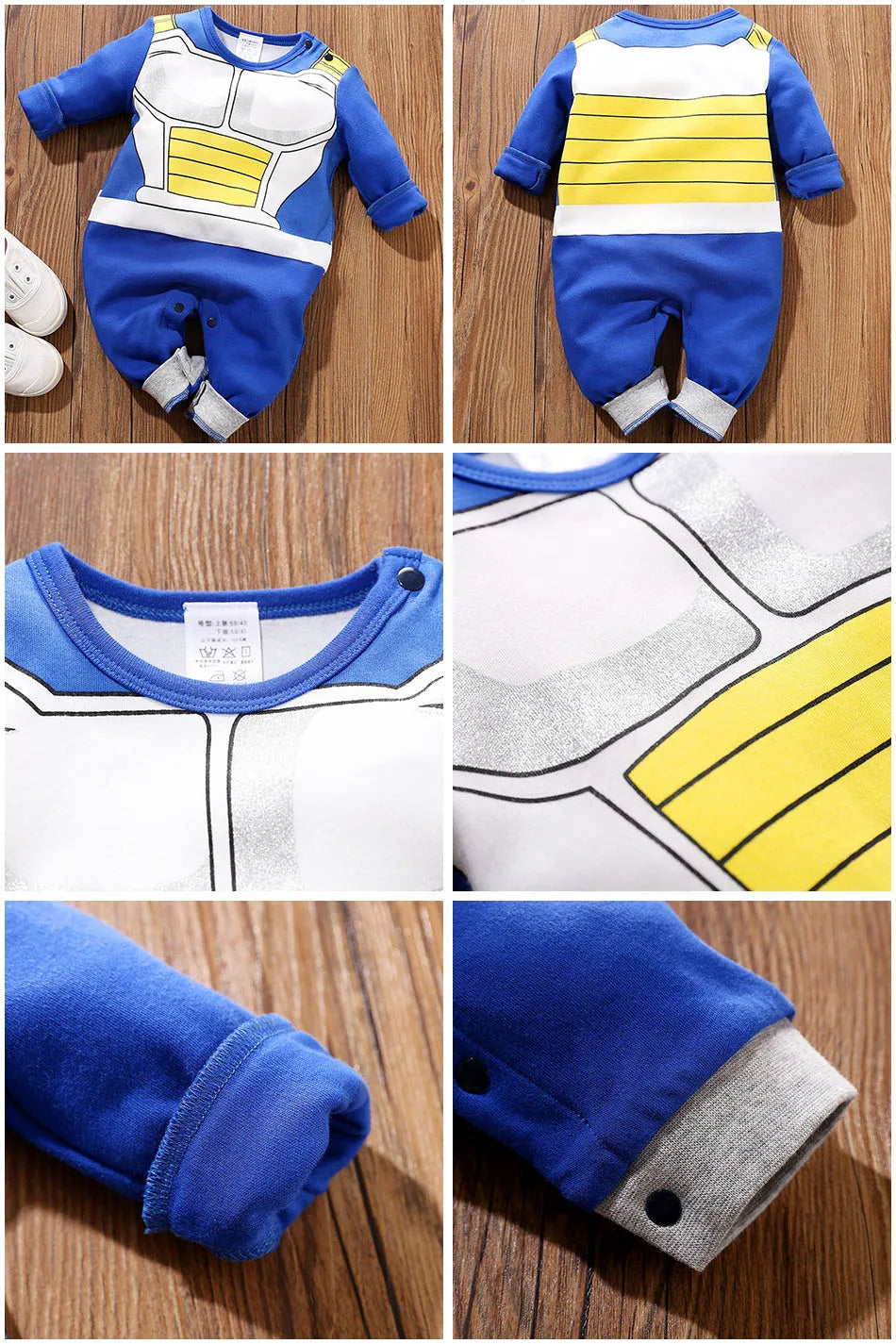 A newborn infant wearing the Baby Anime Costume, a cosplay jumpsuit available in Luffy, Akatsuki, and Vegeta styles.