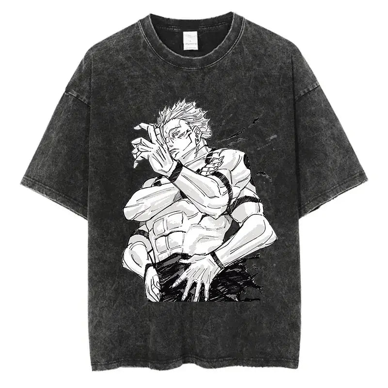 A vintage-style Anime Washed T-shirt made of 100% cotton, featuring an oversized Harajuku streetwear fit for men and women.