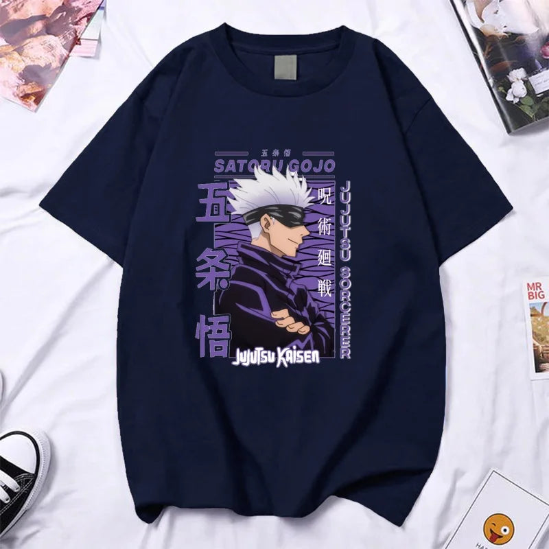 A high-quality Anime Gojo Satoru T-shirt in a summer Y2k style for men and women.