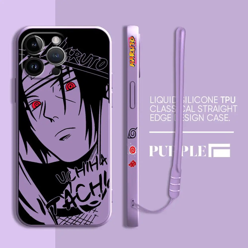 A premium Kakashi Itachi Phone Case featuring square liquid silicone design and anime art for Apple iPhone 15, 14, and 13 Pro Max.