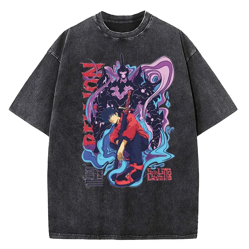 A vintage-style Solo Leveling Vintage T-shirt made of washed black cotton featuring a Sung Jinwoo graphic print, designed as Harajuku streetwear.