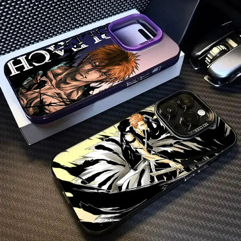 A shockproof Bleach Anime Phone Case featuring Ichigo Kurosaki and Rukia Kuchiki anime art, compatible with Apple iPhone 16e, 16, 15, and 14 Pro Max.