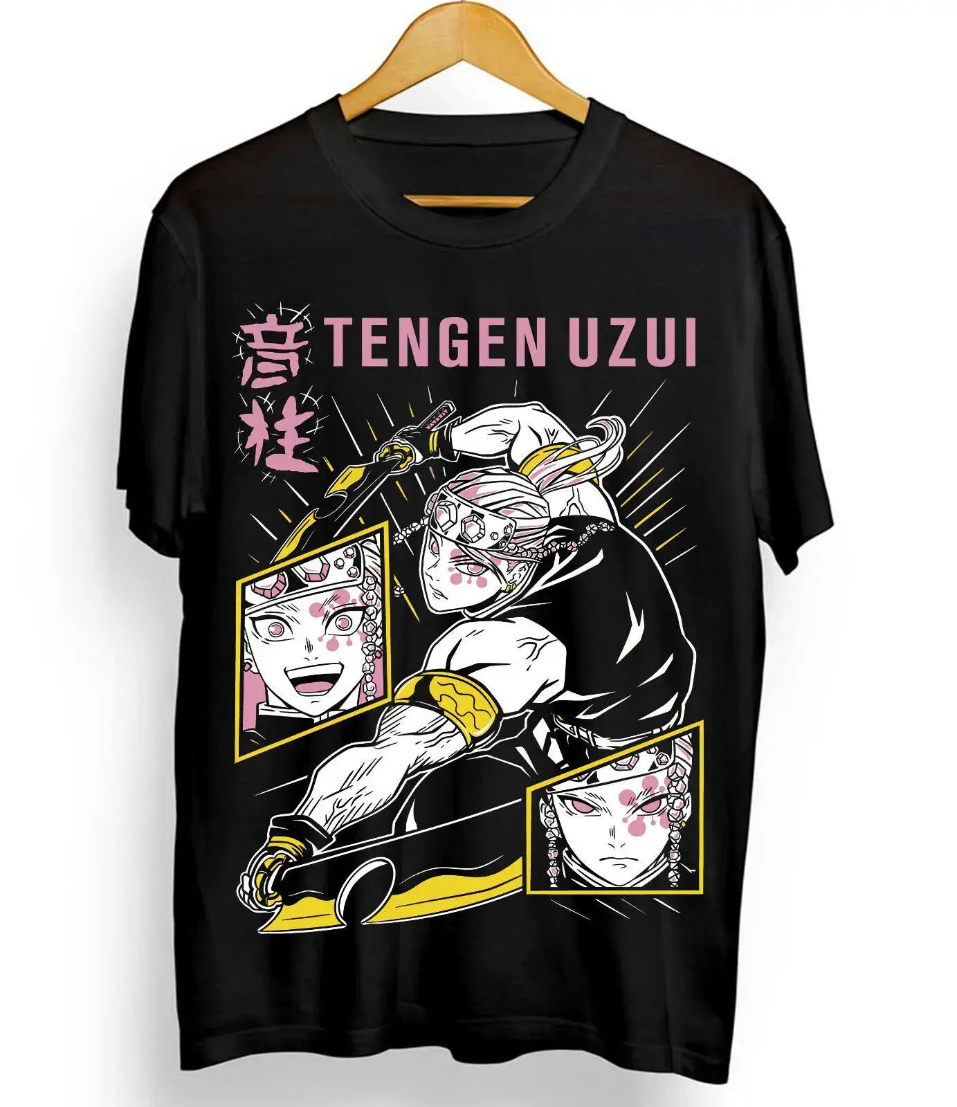 A premium black Tengen Uzui T-shirt featuring high-quality graphic art of the Sound Hashira from Demon Slayer, available in sizes S to 5XL.