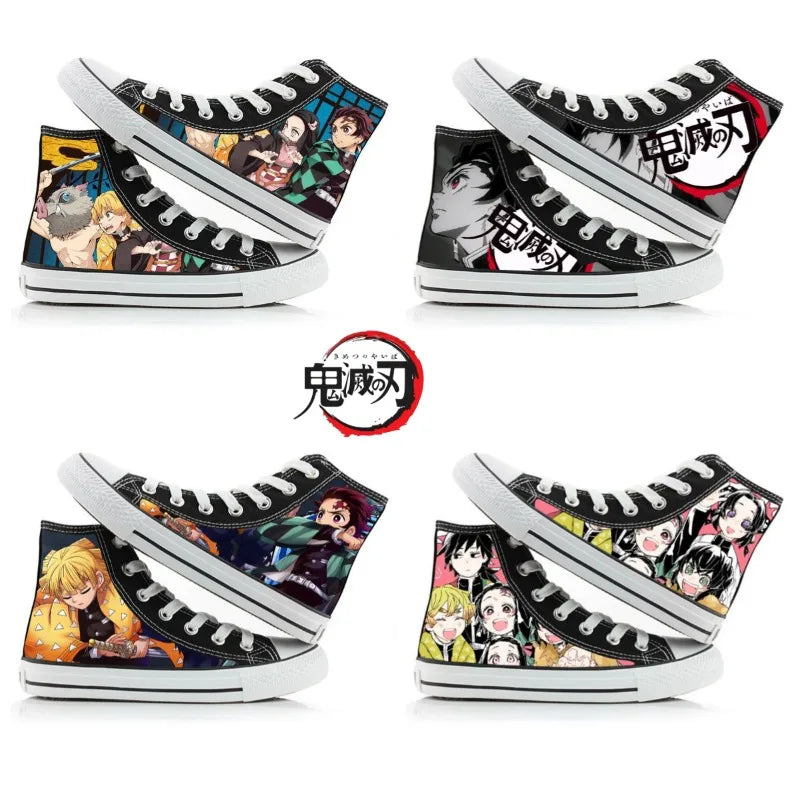 A pair of kawaii Anime Demon Slayer Canvas Shoes in a hand-painted high-top sneaker style for boys and girls.