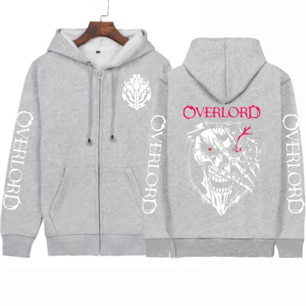 A unisex Overlord Cosplay Horror Skull Hoodie with a zip-up front, designed as Harajuku sportswear.