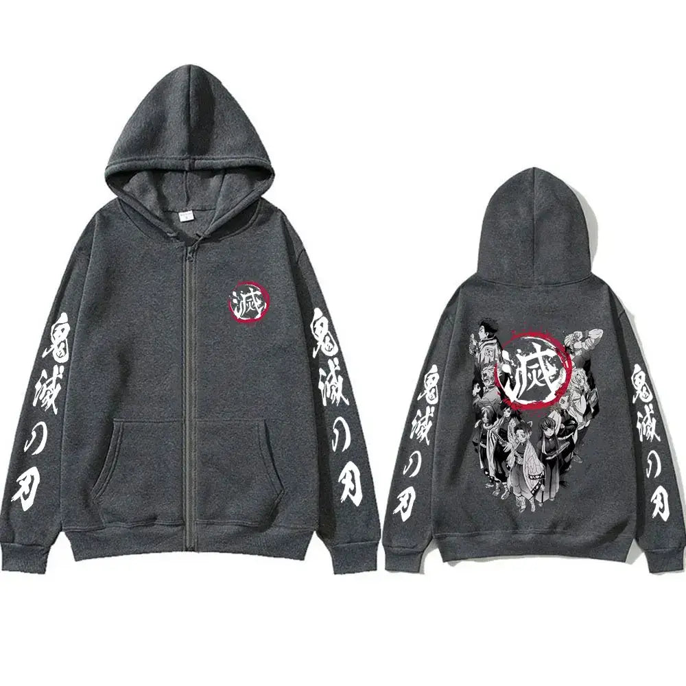 An oversized Demon Slayer Hashira Hoodie with a vintage zip-up jacket style, featuring all the Hashira members, for men and women.