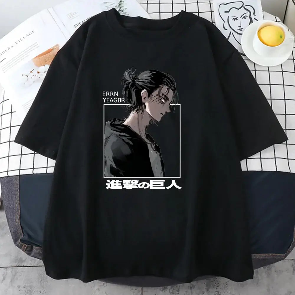A cool street style Eren Jaeger T-Shirt with a graphic print from Attack on Titan for men and women.
