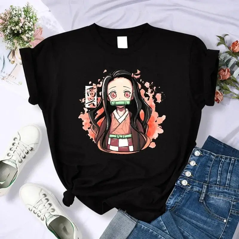 A Demon Slayer T Shirt for Women, a female Kimetsu No Yaiba graphic tee with a Nezuko and Tanjirou Kamado print.