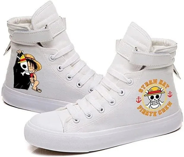 Trendy One Piece Luffy High Top Shoes featuring anime character art, designed as breathable non-slip leisure sports sneakers for students.