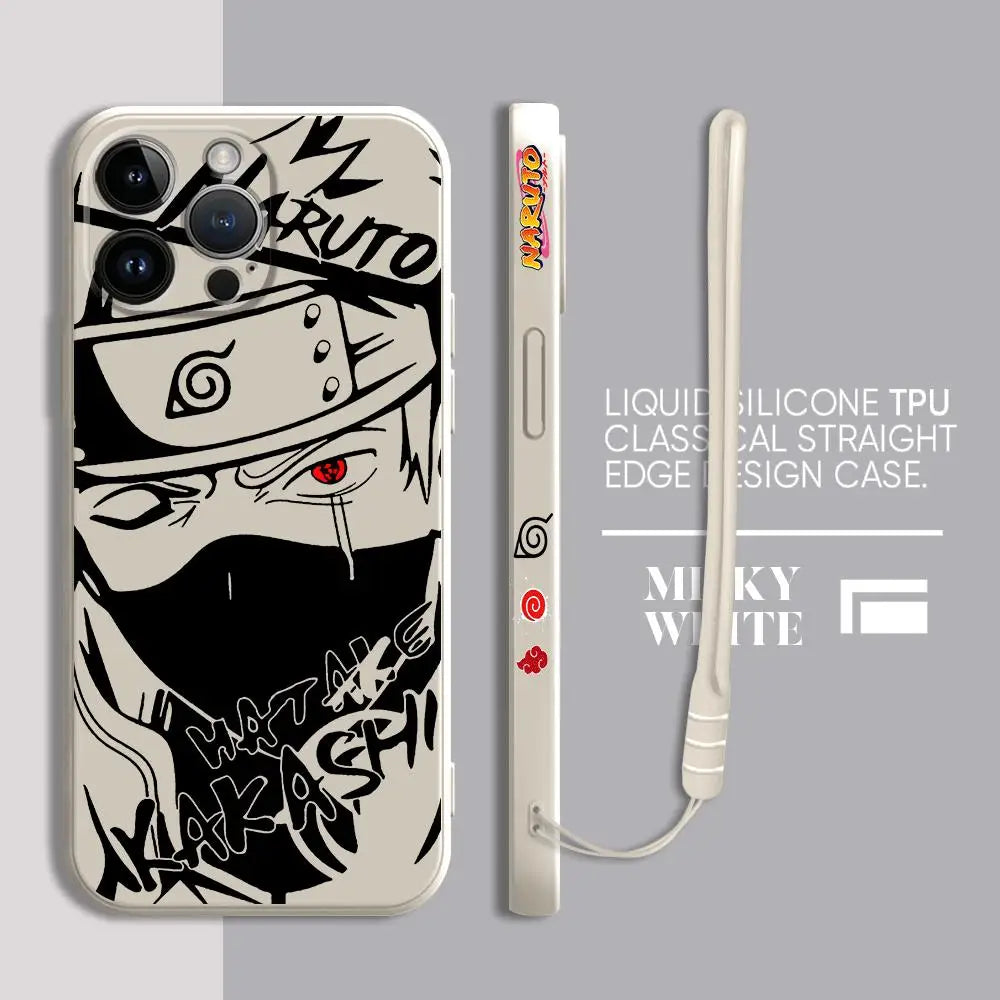 A premium Kakashi Itachi Phone Case featuring square liquid silicone design and anime art for Apple iPhone 15, 14, and 13 Pro Max.