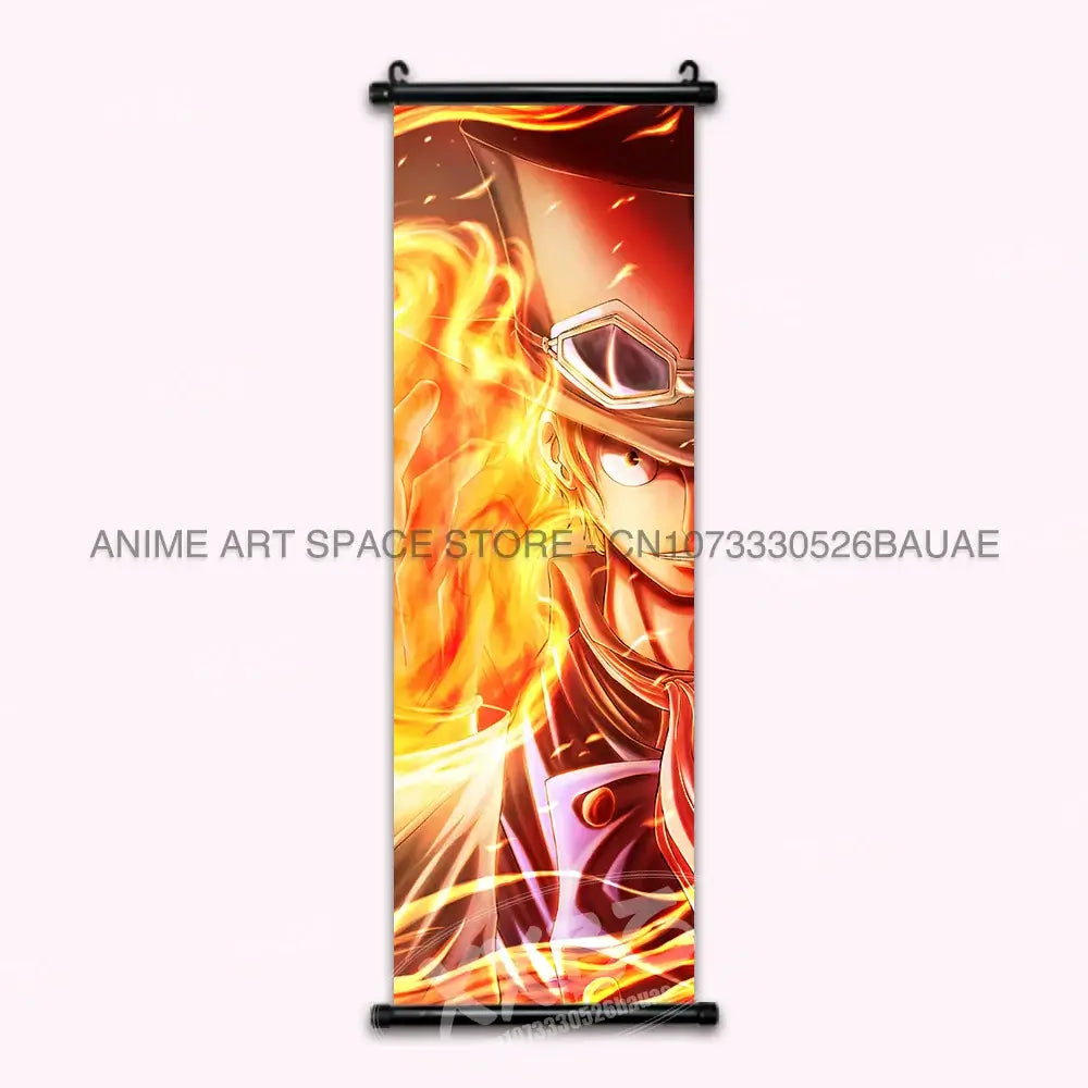 A vibrant One Piece Hanging Painting featuring anime characters Monkey D. Luffy, Portgas D. Ace, Sabo, and Shanks on a canvas scroll for home decor.