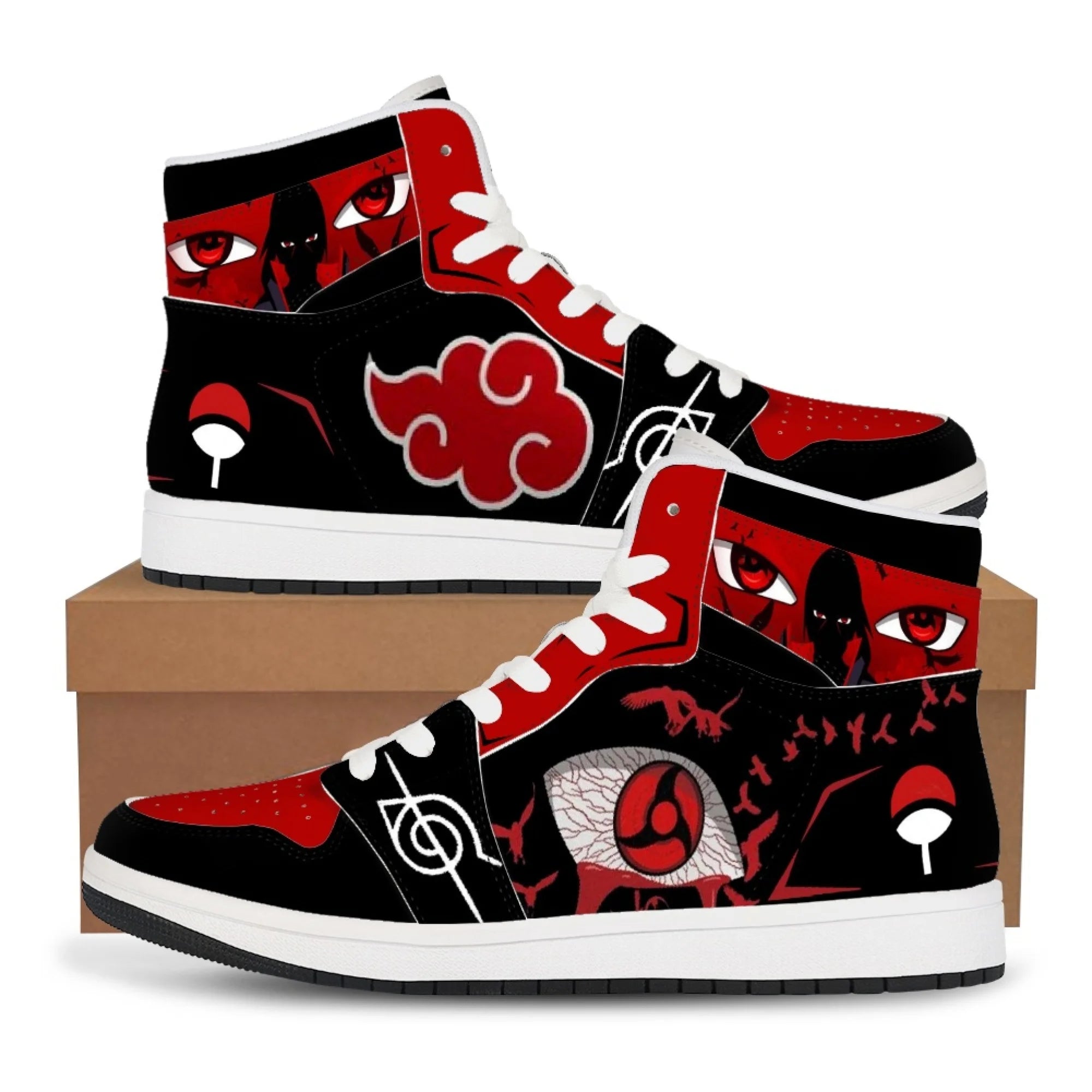 Trendy black Akatsuki High-Top Sneakers featuring the red cloud anime symbol, comfortable casual basketball shoes for men.