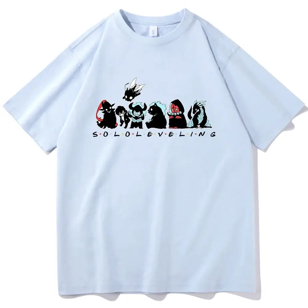 A Cute Solo Leveling T-shirt with a chibi anime design, perfect as a short sleeve O-neck gift for fans.