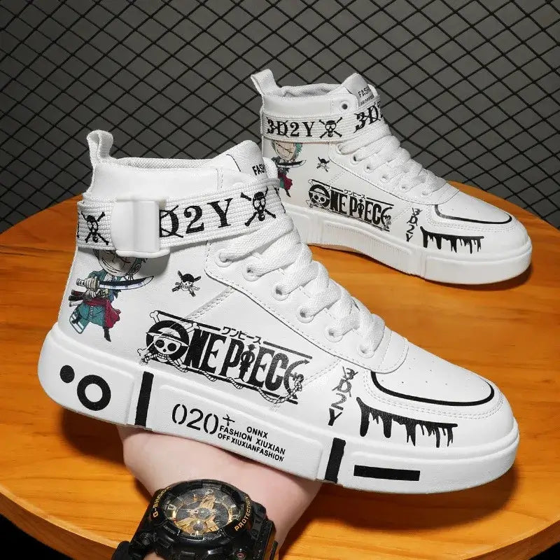 A pair of Anime One Piece Luffy High Top Shoes featuring Roronoa Zoro, designed as breathable, non-slip leisure sports sneakers for men and women.