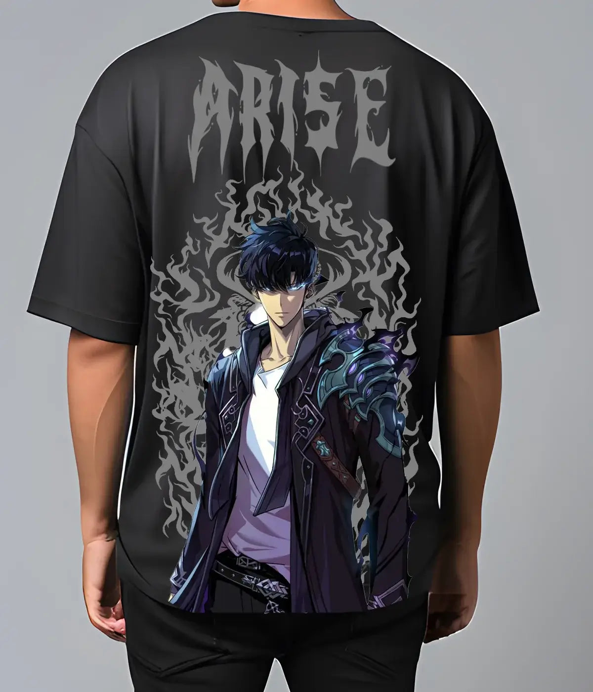A men's Japanese Hot Amine Solo Leveling Arise Oversized Tee in a Y2K hip hop streetwear style.