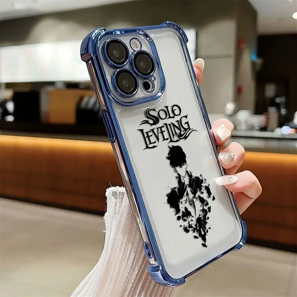 A luxury Solo Leveling Plating Case featuring Sung Jinwoo art with electroplated edges and anti-fall airbag corners for Apple iPhone 16 and 15.