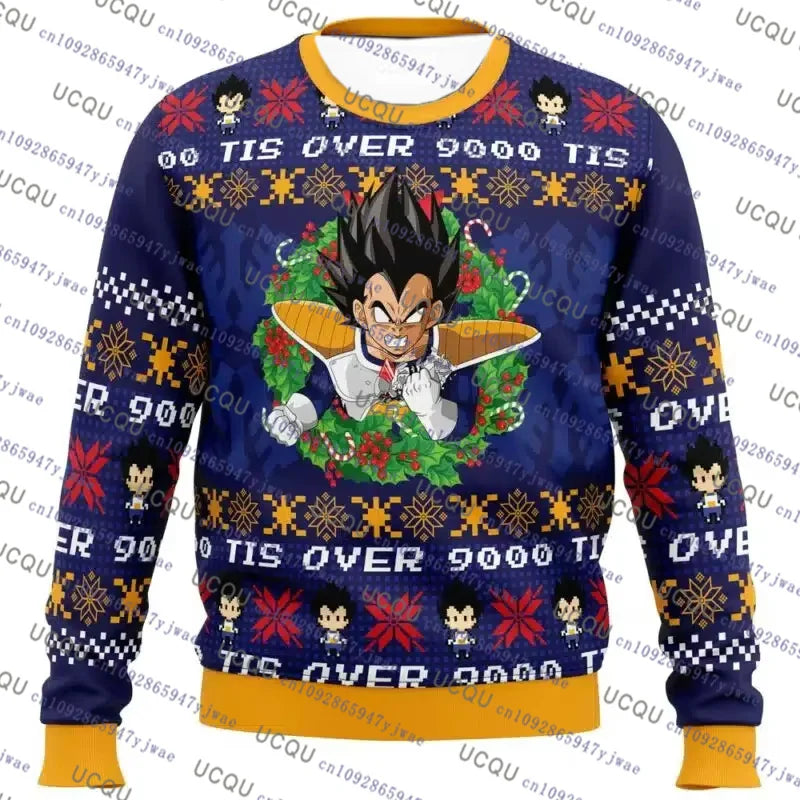 A festive Christmas Dragon Ball Hoodie featuring Goku and anime graphics, designed as an oversized autumn winter pullover for men and women.