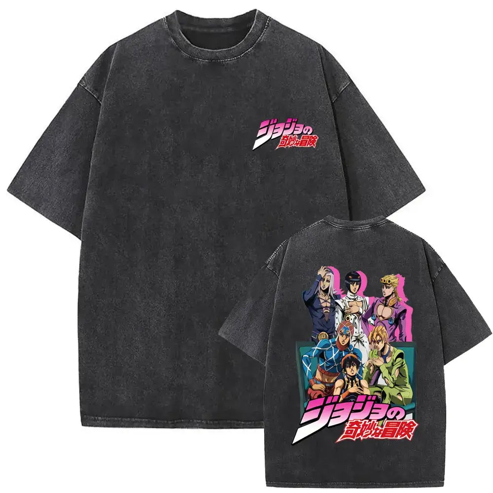 A washed Jojo Bizarre Adventure Vintage T-shirt featuring high-quality manga prints of Jotaro Kujo, Dio, and Giorno for men and women.