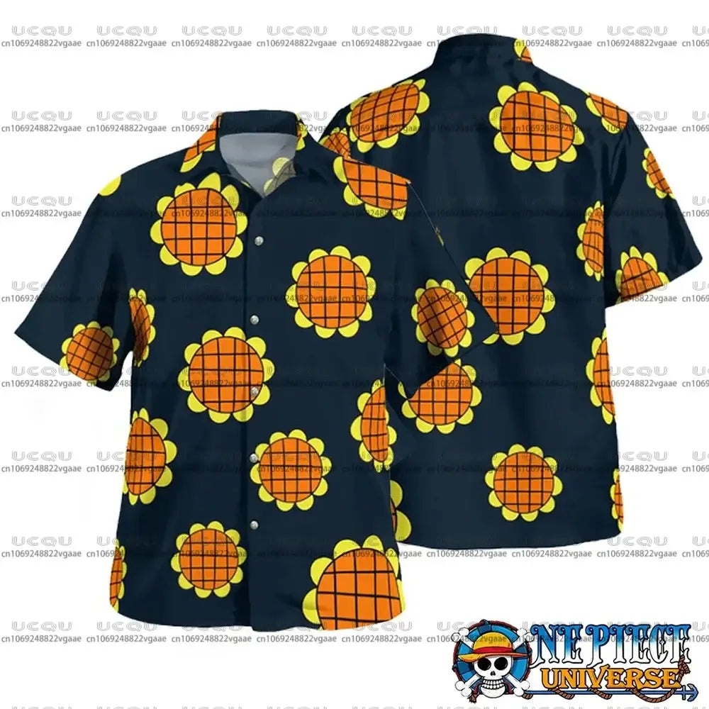 A men's and boys' sports set of Luffy Dressrosa Trousers and the sunflower One Piece Hawaiian Shirt.