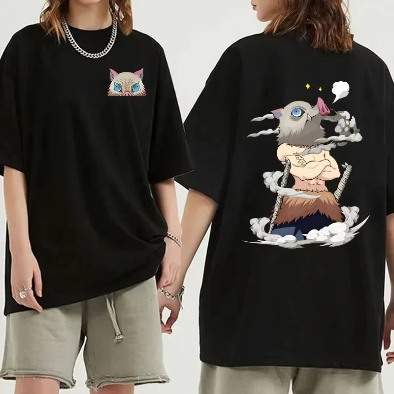 A hot anime Inosuke T-Shirt featuring a cartoon Hashibira Inosuke graphic, designed as a casual round neck top for men and women.