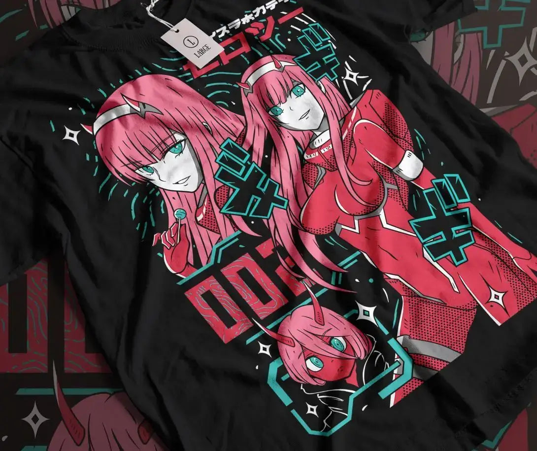 A pink aesthetic Zero Two Unisex T-Shirt featuring Darling in the Franxx anime art in a kawaii vaporwave style.