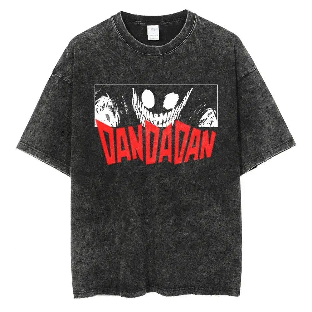 An oversized Anime Dandadan Ken Takakura T-shirt with a washed vintage print of Okarun for men.