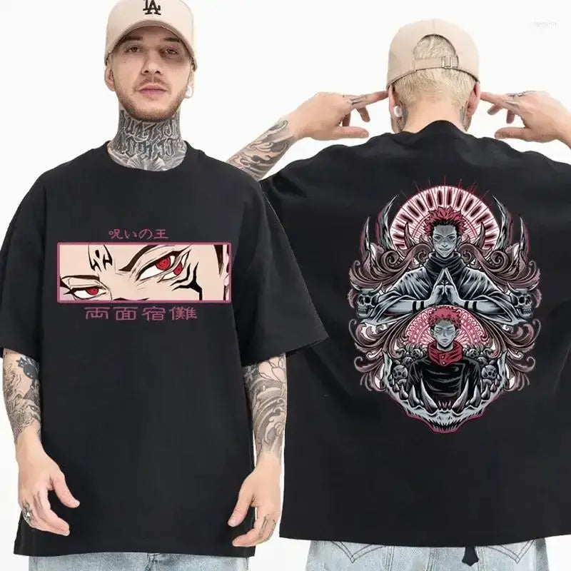 A 2026 loose-fit Ryomen Sukuna T-shirt featuring high-definition Jujutsu Kaisen manga graphic art on soft cotton for men and women.