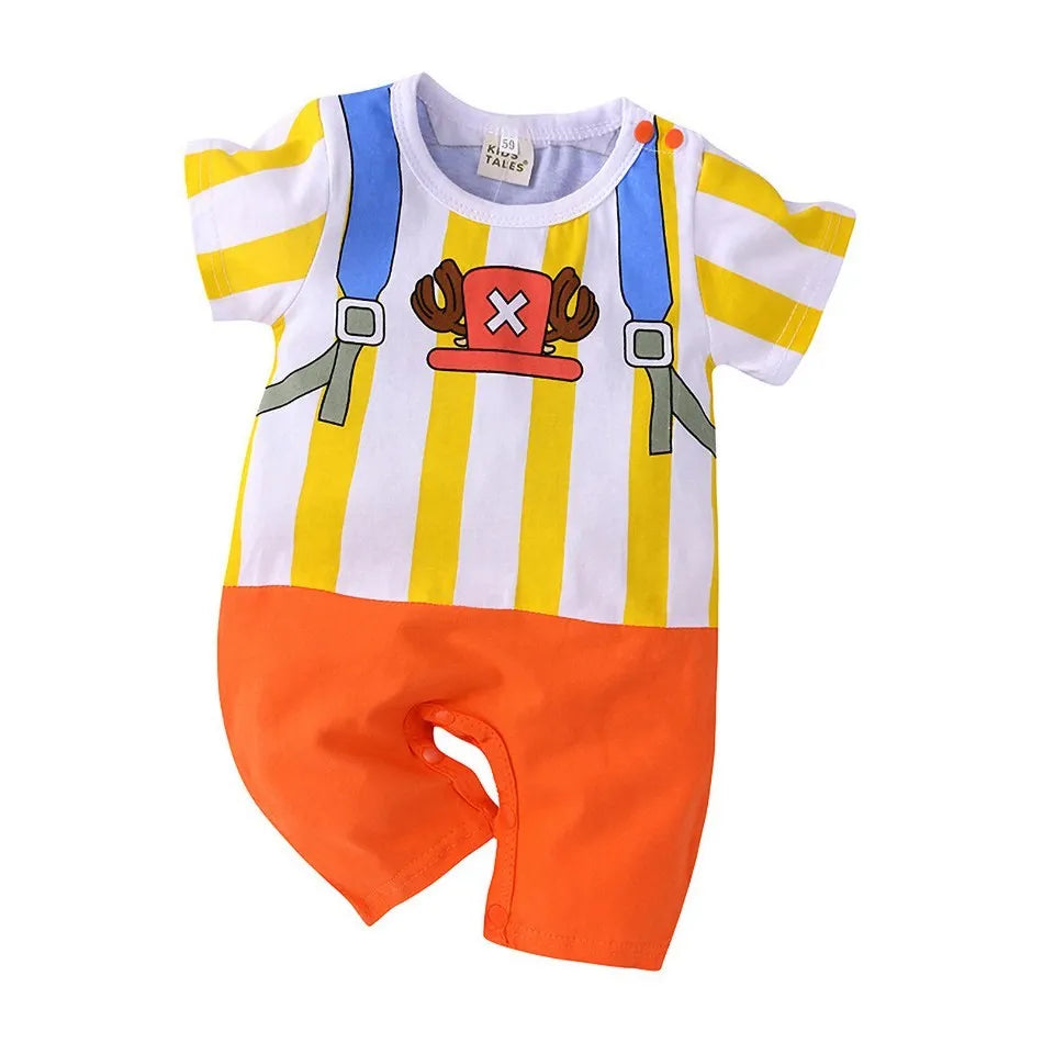 A newborn infant wearing the Baby Anime Costume, a cosplay jumpsuit available in Luffy, Akatsuki, and Vegeta styles.