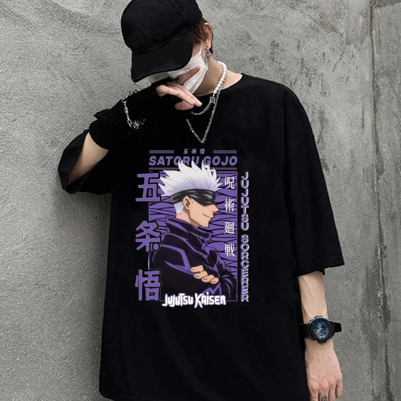A high-quality Anime Gojo Satoru T-shirt in a summer Y2k style for men and women.