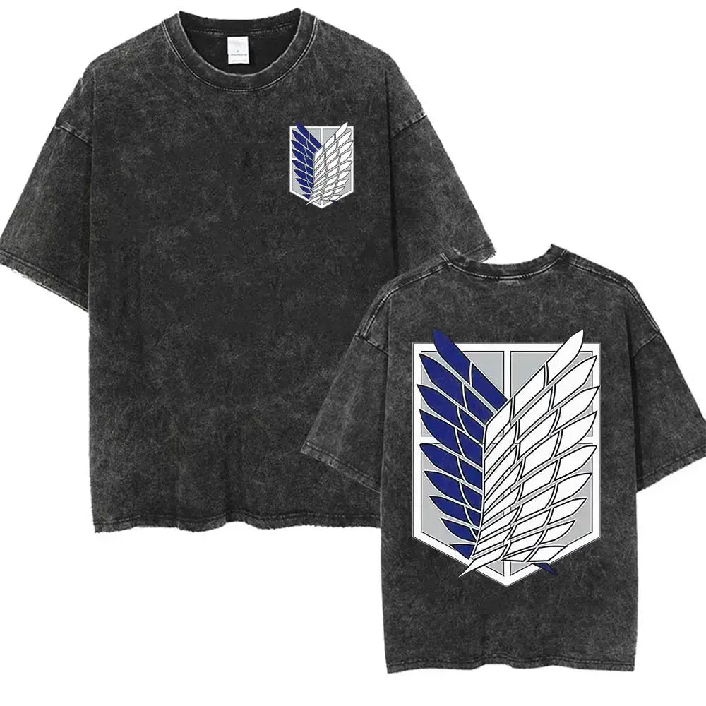 An oversized Attack on Titan Washed T-shirt featuring a vintage Levi Ackerman graphic, a stylish streetwear item for men and women.