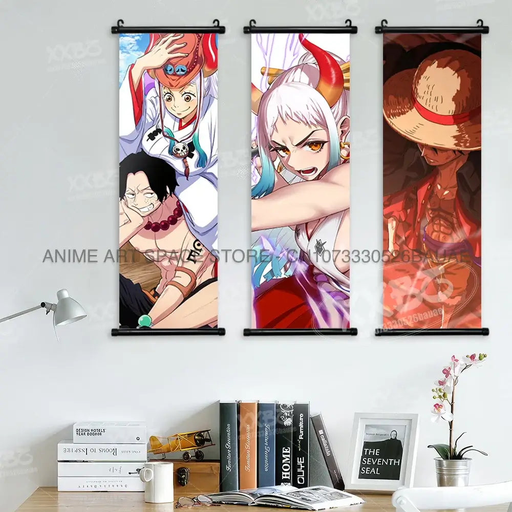 A vibrant One Piece Hanging Painting featuring anime characters Monkey D. Luffy, Portgas D. Ace, Sabo, and Shanks on a canvas scroll for home decor.