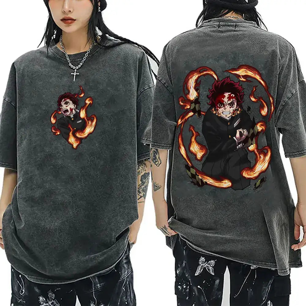 A washed black Demon Slayer Vintage T-Shirt made of 100% cotton, featuring an oversized cartoon anime graphic for men and women.