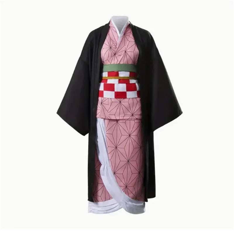 A complete Nezuko Kamado Cosplay Costume featuring the pink hemp-leaf pattern kimono and bamboo muzzle prop for adult Halloween parties.