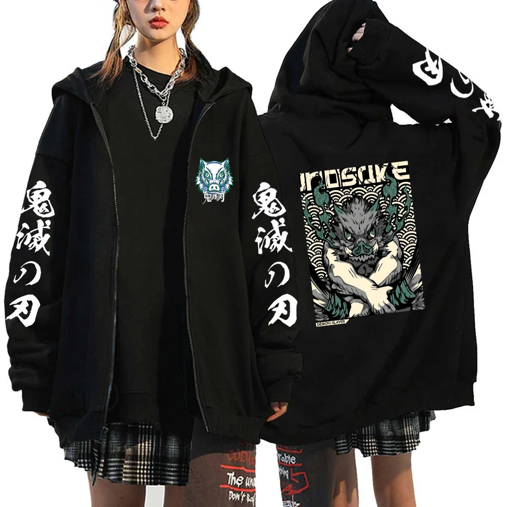 A Y2K style Demon Slayer Zip Up Hoodie featuring a Nezuko Kamado graphic, unisex hip hop streetwear for men and women.