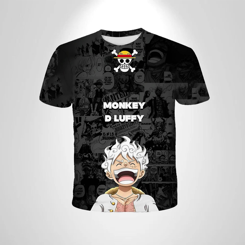 A loose-fit One Piece Luffy T-shirt featuring a cool cartoon Monkey D. Luffy graphic, designed for boys and men as casual anime streetwear.