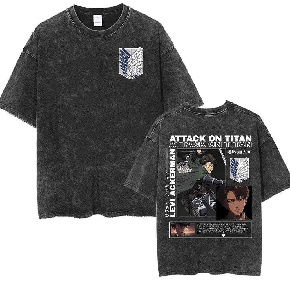 An oversized Attack on Titan Washed T-shirt featuring a vintage Levi Ackerman graphic, a stylish streetwear item for men and women.