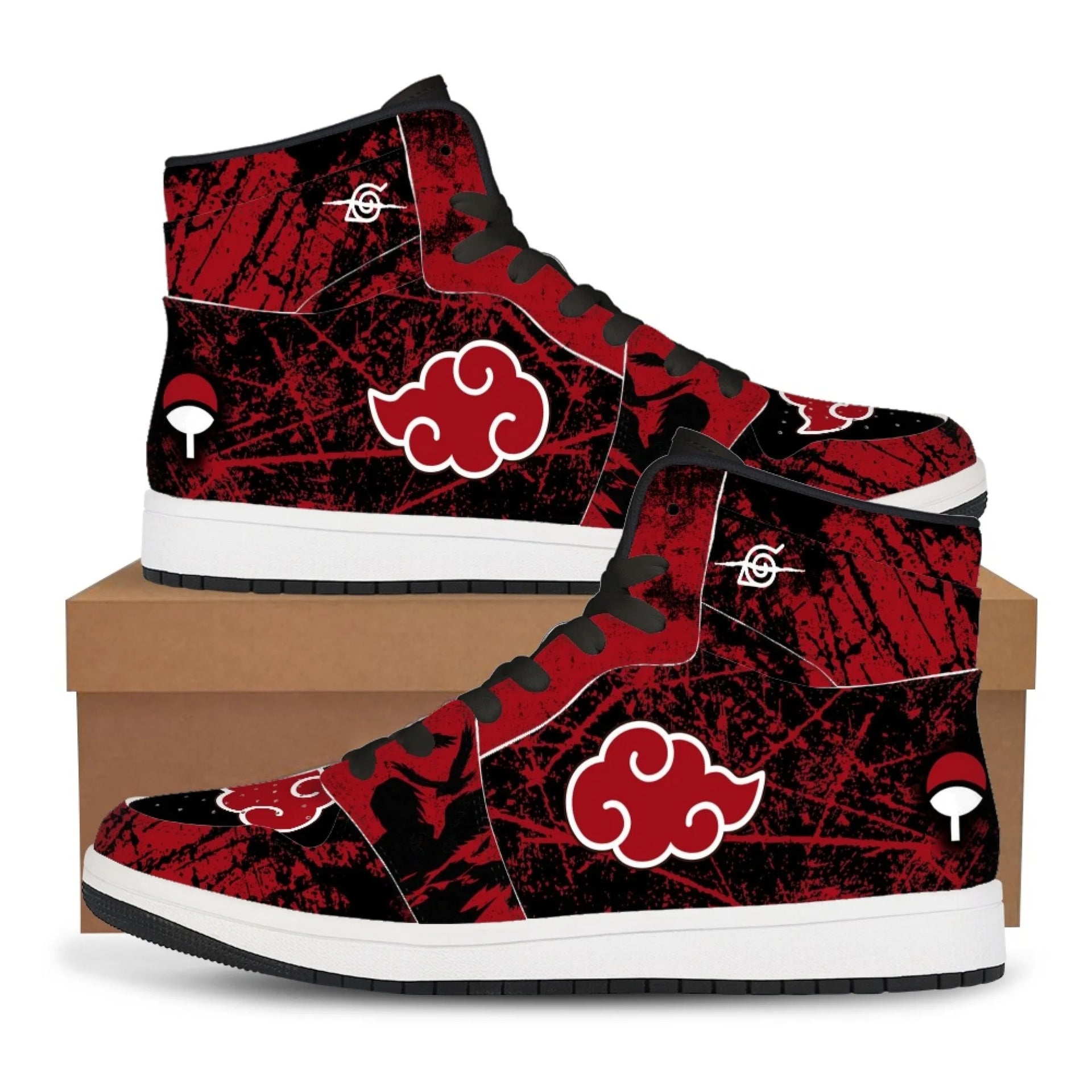 Trendy black Akatsuki High-Top Sneakers featuring the red cloud anime symbol, comfortable casual basketball shoes for men.