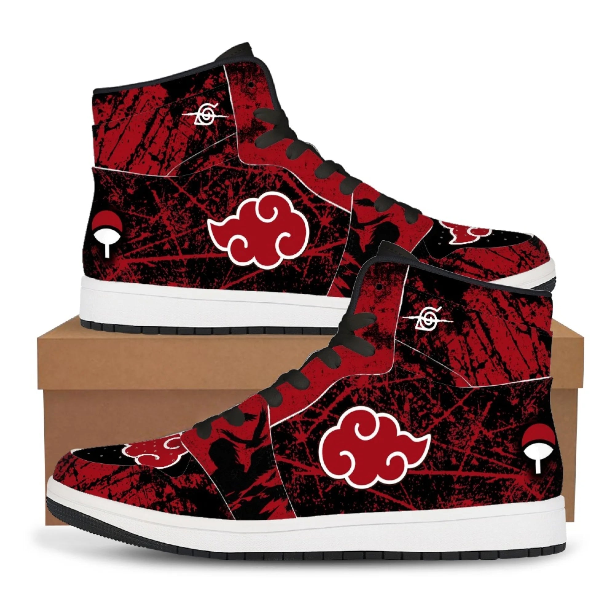 Trendy black Akatsuki High-Top Sneakers featuring the red cloud anime symbol, comfortable casual basketball shoes for men.