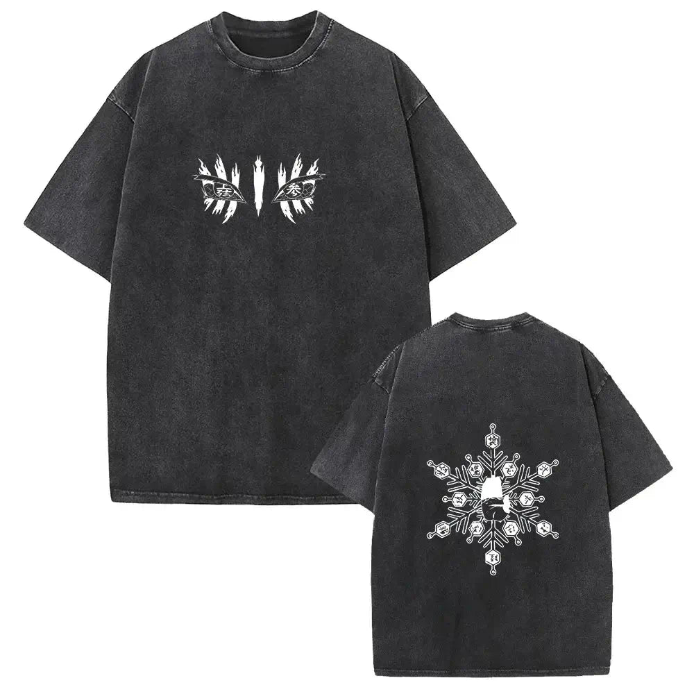 A vintage-style washed Akaza Koyuki T-shirt featuring a romantic manga graphic of Hakuji and Koyuki, oversized cotton streetwear.