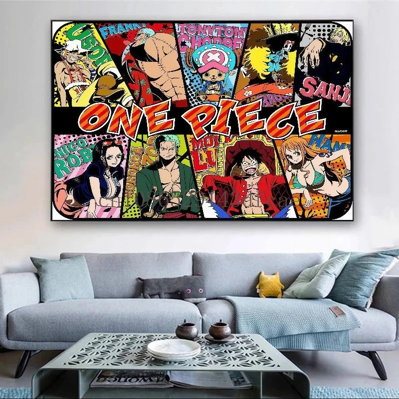 A high-definition One Piece Canvas Painting featuring Monkey D. Luffy in a watercolor art style, hanging on a modern living room wall.